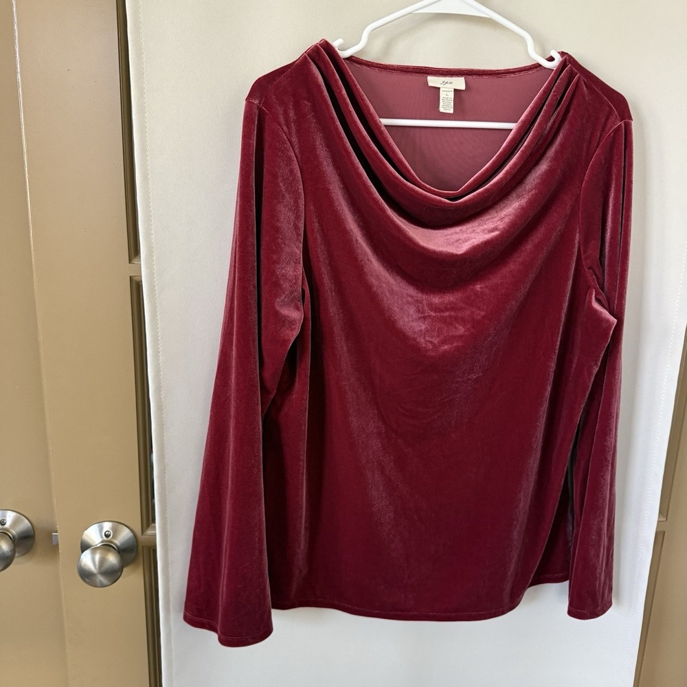J. Jill Womens Large Red Velour Drape Neck‎ Long Sleeve Blouse Top